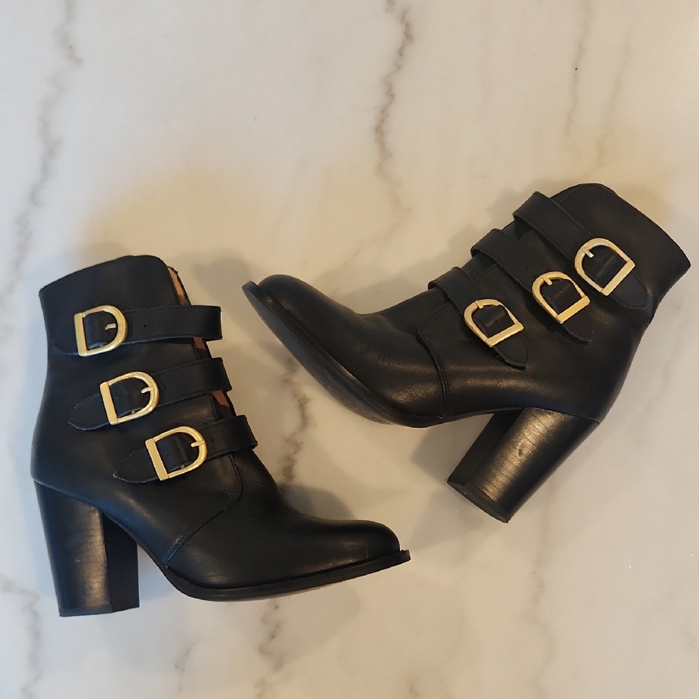 Topshop Black Heeled Boots with Gold Buckles